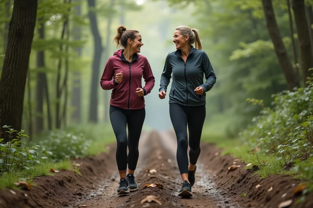 Deux femmes pratiquant la marche active en forêt ensemble, technique de marche rapide avec balancement des bras et échange convivial