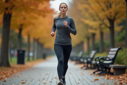 Femme pratiquant la marche active rapide sur un chemin de parc en automne, posture engagée et bras en mouvement