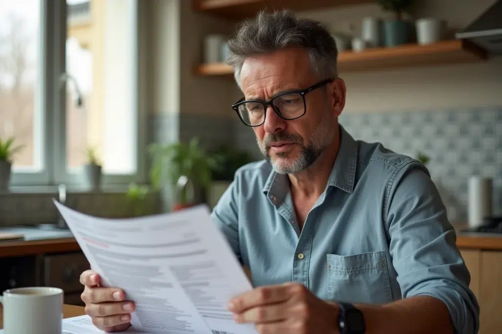 Homme d'une quarantaine d'années lisant attentivement un document de prise en charge ALD à 100% à son domicile