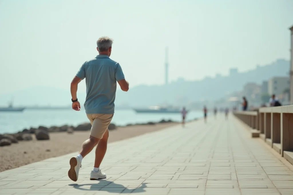Homme en marche rapide et active sur un bord de mer, technique de marche sportive avec bras fléchis et foulée dynamique