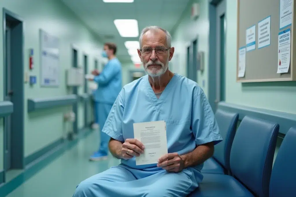 Patient âgé en milieu hospitalier tenant un courrier de prise en charge à 100% dans le cadre d'une affection longue durée