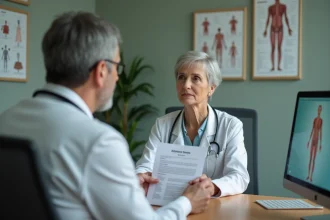 Patiente de 58 ans recevant des explications sur son dossier ALD auprès de son médecin généraliste dans un cabinet médical moderne