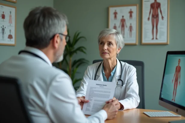 Patiente de 58 ans recevant des explications sur son dossier ALD auprès de son médecin généraliste dans un cabinet médical moderne