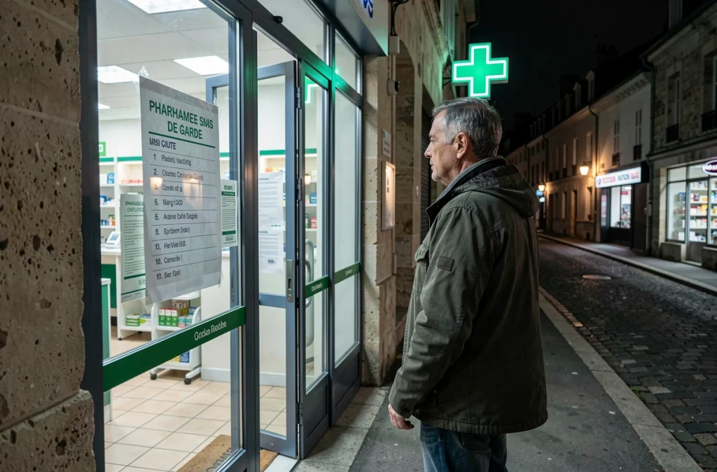 Un homme consulte l'affichage des pharmacies de garde sur la vitrine d'une pharmacie fermée dans une ville de l'Oise