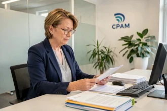 Agente administrative de la CPAM 92 examinant des dossiers de santé à son bureau dans une agence des Hauts-de-Seine