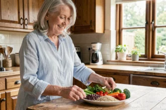 Femme de 74 ans préparant une assiette équilibrée et colorée dans une cuisine en bois, alimentation saine après 70 ans