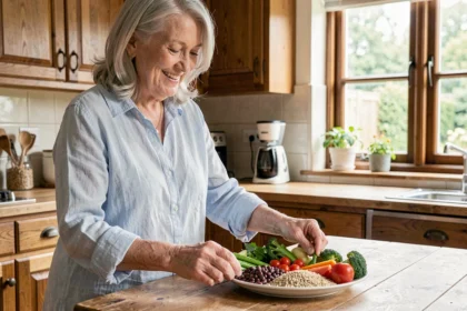 Femme de 74 ans préparant une assiette équilibrée et colorée dans une cuisine en bois, alimentation saine après 70 ans