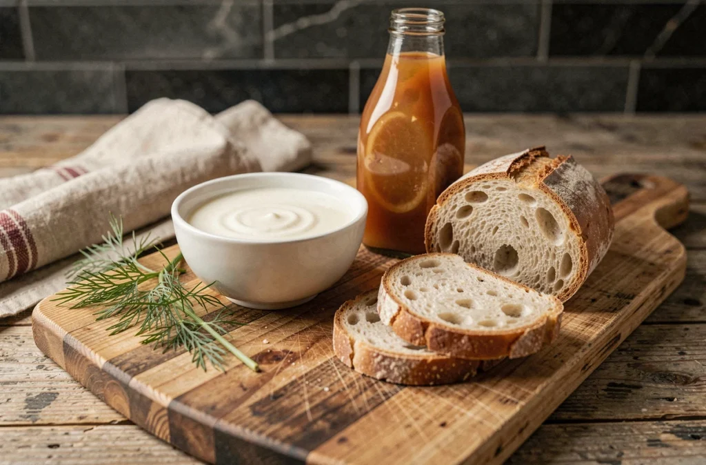 Composition d'aliments fermentés riches en postbiotiques sur une planche en bois, idéale pour illustrer la santé de la flore intestinale