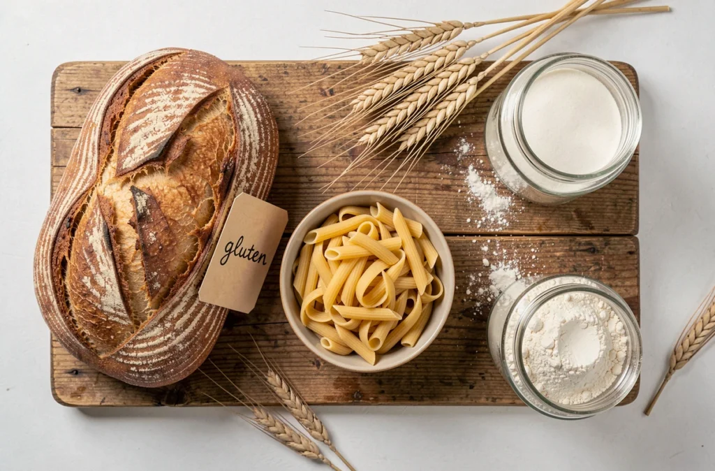 Aliments contenant du gluten disposés sur une table en bois pour illustrer les risques alimentaires de la maladie coeliaque