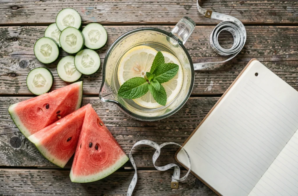 Composition de fruits hydratants, eau infusée et ruban de mesure sur une table en bois illustrant le rôle de l'hydratation dans la perte de poids