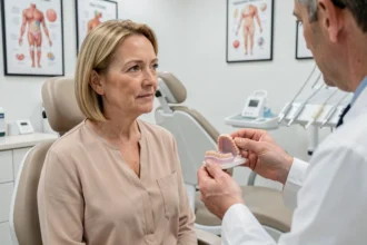 Femme d'âge mûr en consultation dentaire discutant des alternatives à l'implant dentaire avec son praticien