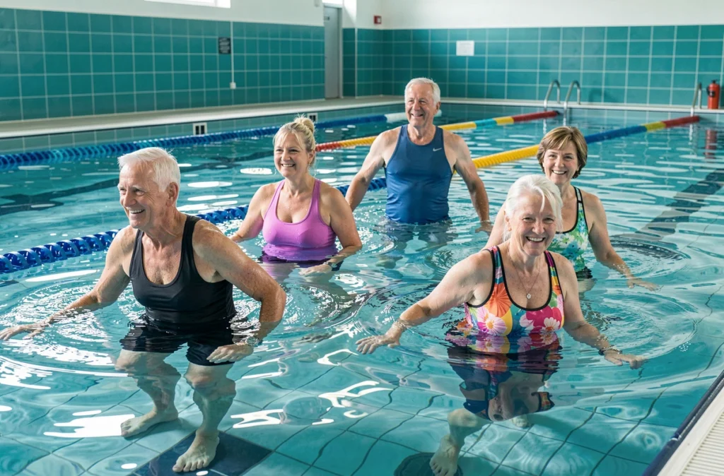 Un groupe de seniors pratiquant l'aquagym dans une piscine intérieure, une activité physique adaptée favorisant la mobilité et le bien-être des personnes âgées