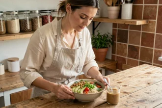 Femme préparant un bowl de protéines végétales avec quinoa, pois chiches et légumes frais dans une cuisine naturelle