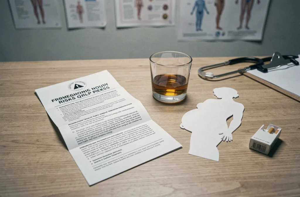 Gros plan d'une brochure médicale sur les risques de la grossesse posée à côté d'un verre d'alcool et d'un paquet de cigarettes sur un bureau de consultation, symbolisant les dangers du tabac et de l'alcool pour la femme enceinte