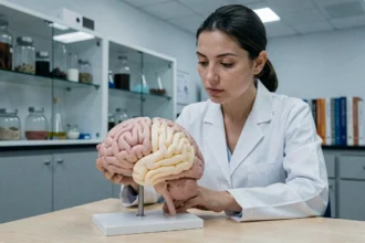 Chercheuse en neurosciences étudiant un modèle anatomique du cerveau humain avec l'hippocampe mis en évidence dans un laboratoire moderne