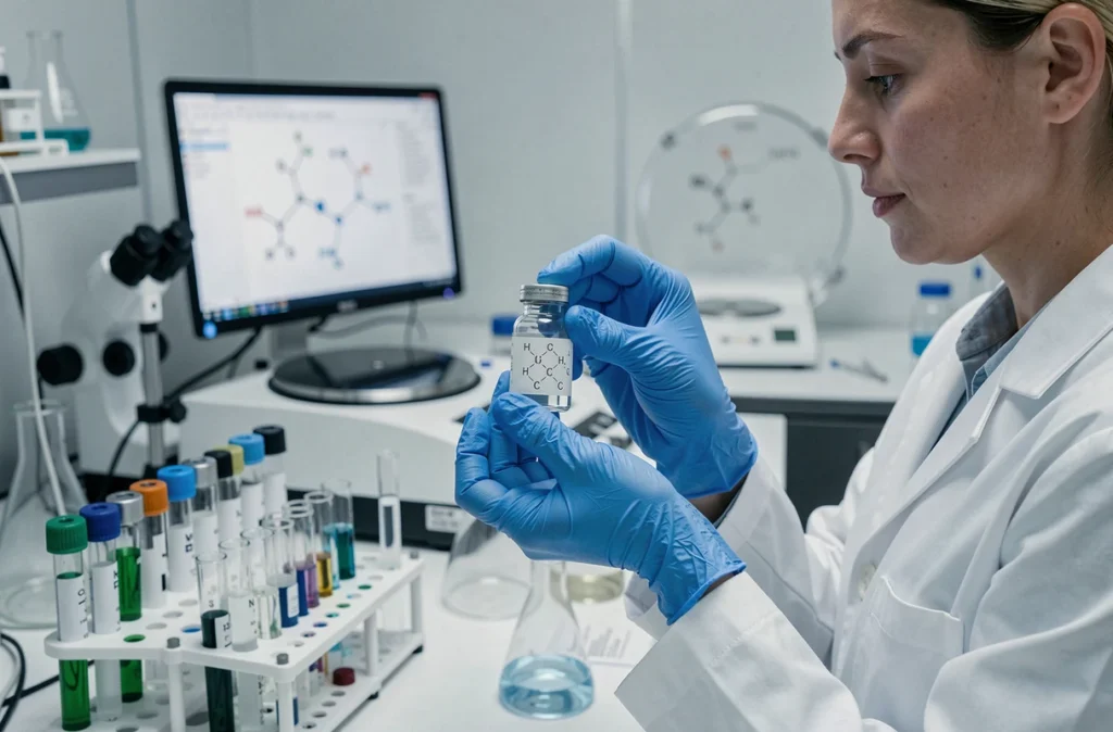 Chercheuse en pharmacologie tenant un flacon de traitement biologique contre la polyarthrite