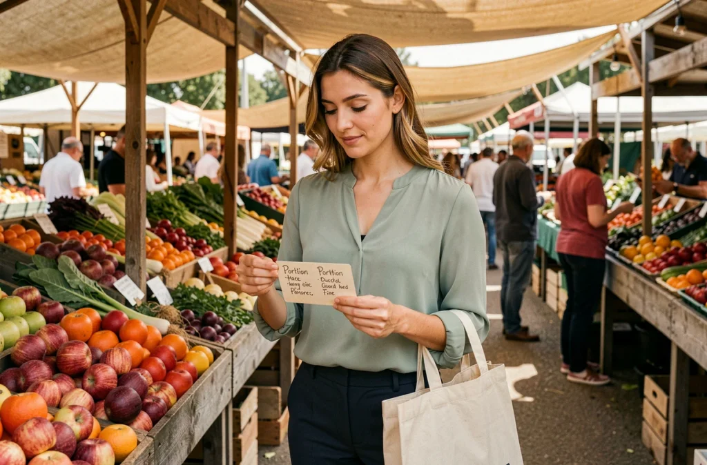 Jeune femme au marché choisissant des aliments frais en suivant un guide de portions pour mincir durablement et sainement