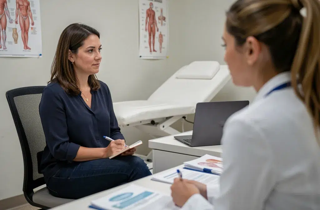 Patiente en consultation gynécologique discutant des symptômes d'un kyste aux ovaires avec son médecin