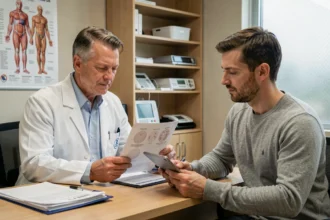 Gastro-entérologue consultant un patient adulte atteint de la maladie de Crohn dans un cabinet médical moderne