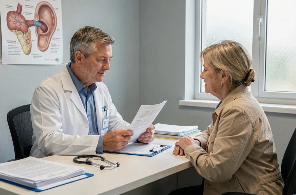 Médecin ORL en consultation avec une patiente discutant du traitement et de la guérison possible de la maladie de Ménière