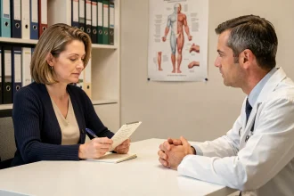 Patiente consultant un médecin avec une liste de questions sur le malaise vagal et le paracétamol