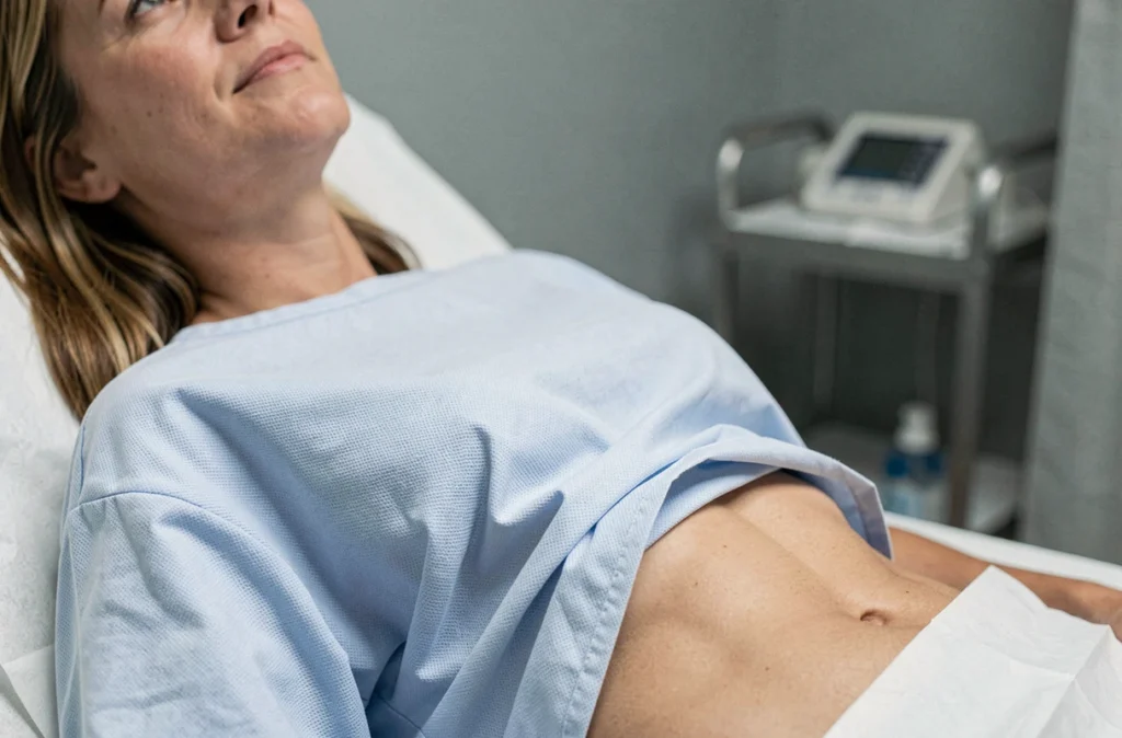 Femme en consultation médicale allongée sur une table d'examen, abdomen exposé pour observation des pulsations abdominales visibles au repos