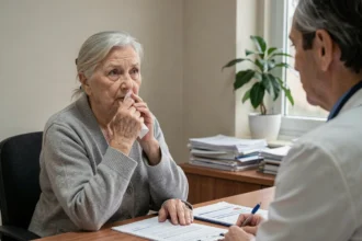 Femme âgée lors d'une consultation médicale pour infection respiratoire chronique