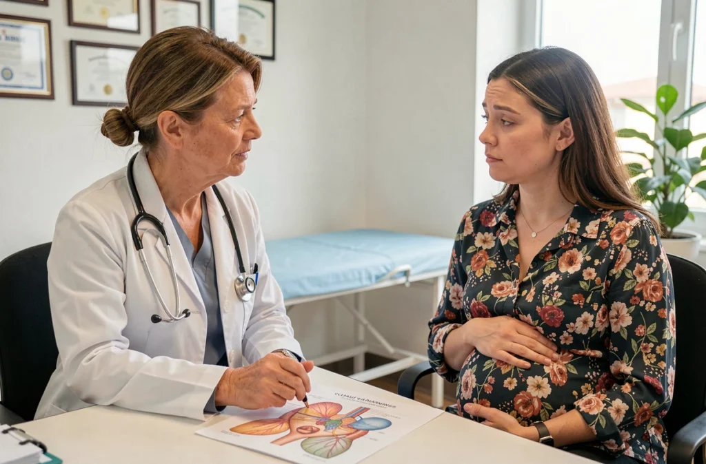 Médecin femme expliquant les risques du tabac et de l'alcool à une patiente enceinte lors d'une consultation prénatale dans un cabinet médical, illustrant l'importance du suivi médical pendant la grossesse