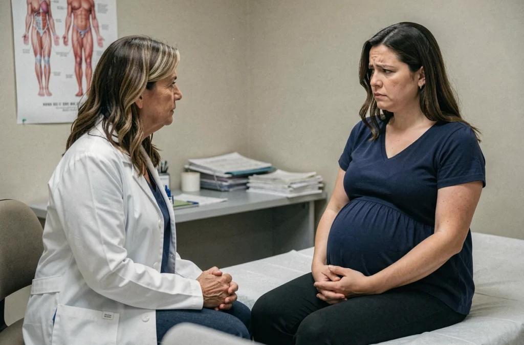 Consultation médicale prénatale avec une femme enceinte anxieuse face à une gynécologue obstétricienne en cabinet