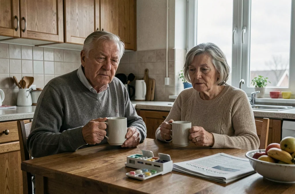 Couple de personnes âgées fatigué autour d'un café le matin, évoquant les conséquences du manque de sommeil chez les seniors