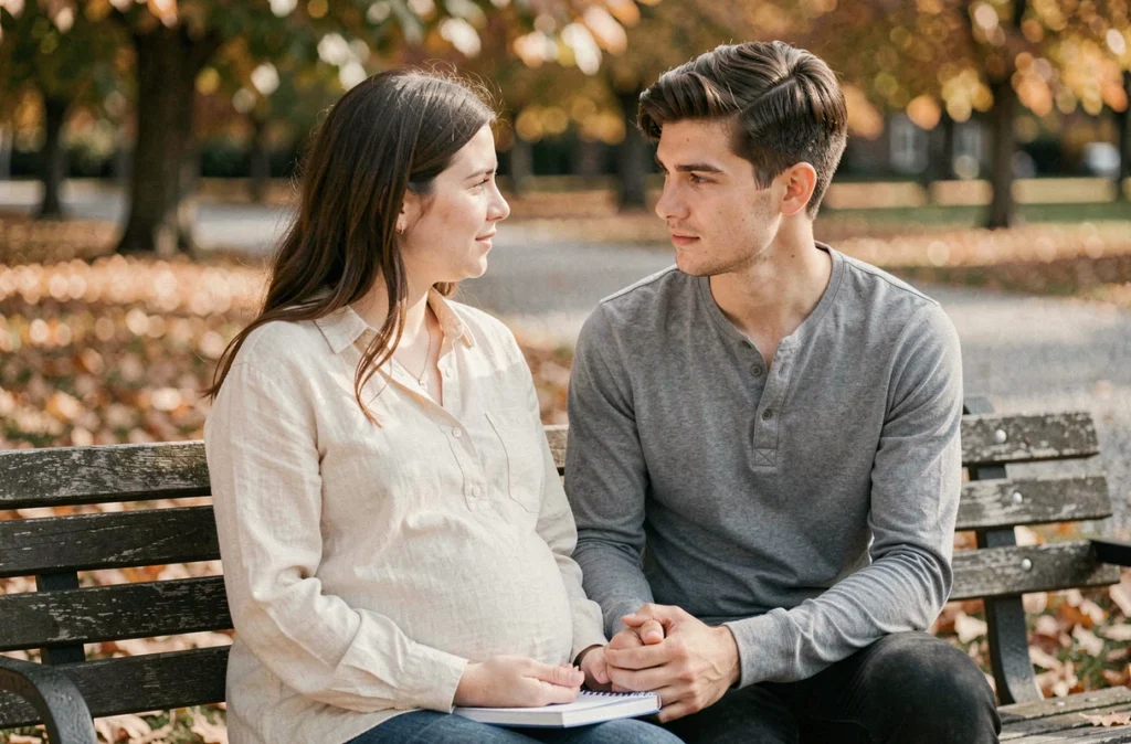 Couple attendant un bébé assis dans un parc, partageant un moment de discussion émotionnelle et de préparation parentale