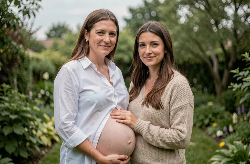 Couple partageant un moment complice devant le ventre d'une femme enceinte au troisième trimestre dans un jardin