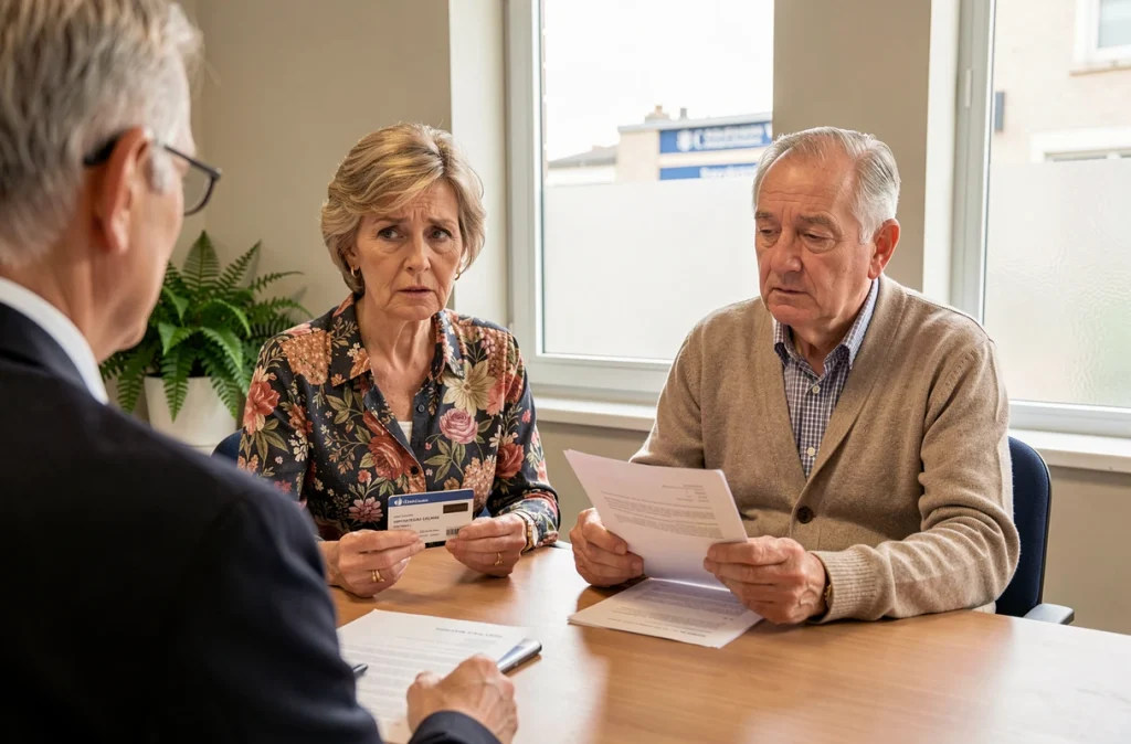 Couple de seniors en rendez-vous de conseil dans une agence CPAM du 92 pour leurs droits à l'assurance maladie