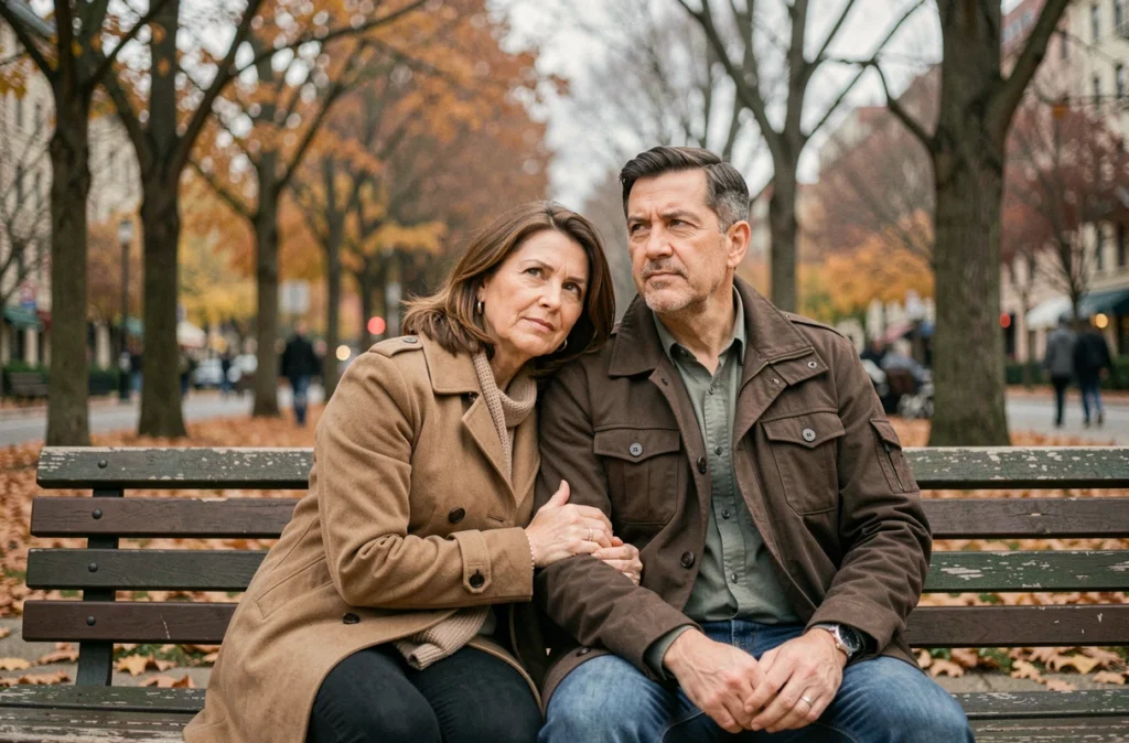 Couple d'adultes assis sur un banc de parc en automne, geste de soutien émotionnel, symbolisant l'impact du soutien psychologique sur la santé cardiovasculaire