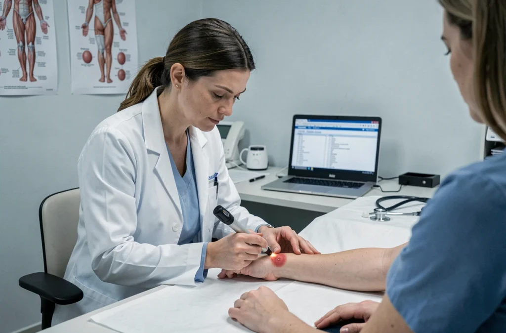 Médecin généraliste examinant une éruption cutanée en anneau sur le bras d'un patient pour diagnostiquer une maladie de Lyme à un stade précoce