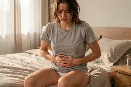 Femme tenant son bas-ventre assise sur un lit, illustrant les douleurs pelviennes liées à un kyste ovarien