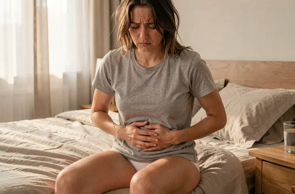 Femme tenant son bas-ventre assise sur un lit, illustrant les douleurs pelviennes liées à un kyste ovarien