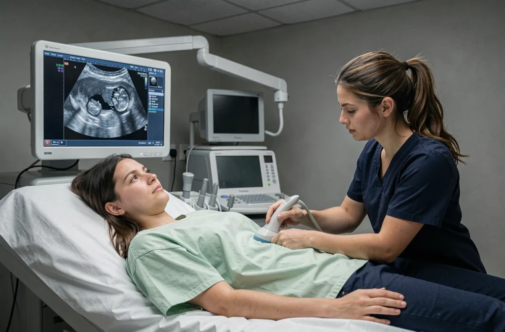 Patiente adulte subissant une échographie abdominale pour le suivi de la maladie de Crohn en milieu hospitalier