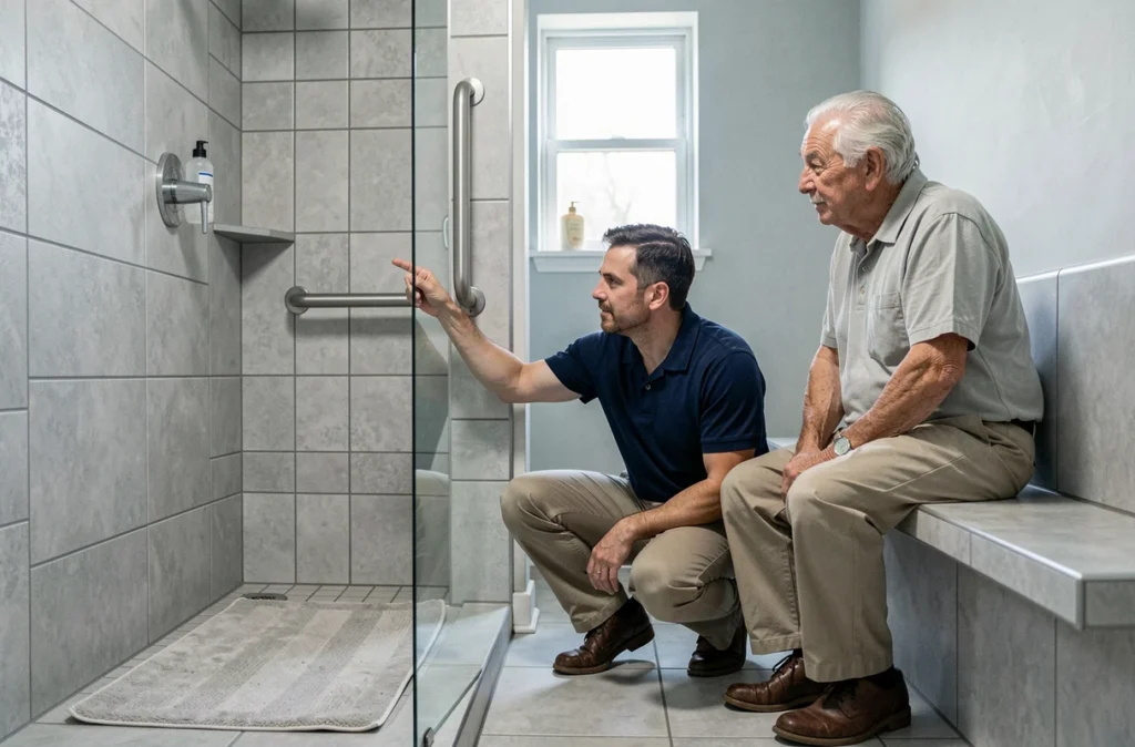 Un ergothérapeute montre une barre d'appui dans une salle de bain adaptée pour la sécurité d'un senior à domicile