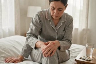 Femme d'âge moyen examinant une éruption cutanée en forme d'anneau rouge sur son genou, symptôme précoce caractéristique de la maladie de Lyme