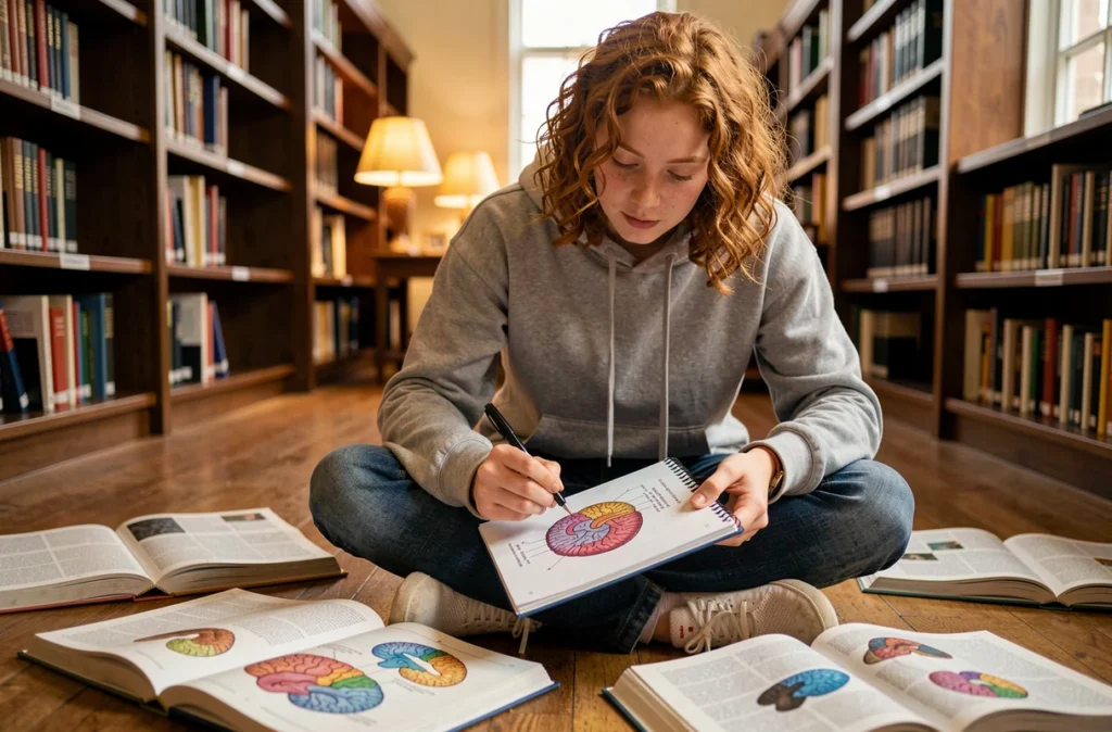 Étudiant en neurosciences annotatant un schéma de l'hippocampe dans ses notes entouré de manuels scientifiques en bibliothèque