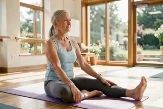 Une femme senior souriante pratiquant des exercices d'étirement doux sur un tapis de yoga dans une salle de sport communautaire lumineuse