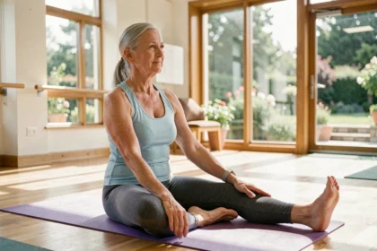 Une femme senior souriante pratiquant des exercices d'étirement doux sur un tapis de yoga dans une salle de sport communautaire lumineuse