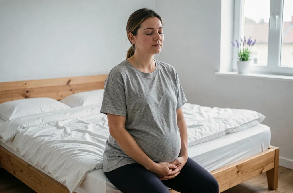 Femme enceinte assise sur le bord du lit les yeux fermés dans une chambre minimaliste, évoquant la fatigue et le besoin de sommeil en fin de grossesse