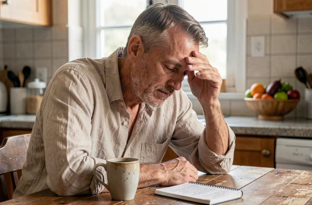 Homme fatigué et épuisé assis à une table de cuisine, illustrant les symptômes de fatigue intense liés à la maladie de Lyme