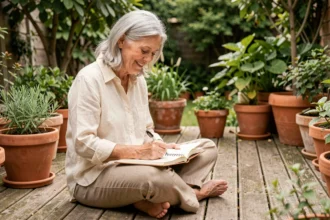 Femme âgée souriante écrivant dans un journal sur une terrasse en bois entourée de plantes, illustrant le bien-être mental des seniors