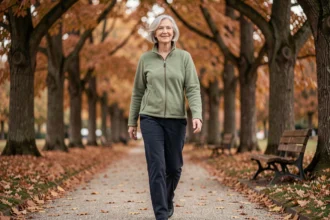 Femme âgée marchant d'un pas vif sur un chemin de parc en automne, illustrant les bienfaits de la marche quotidienne pour les seniors