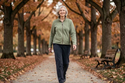 Femme âgée marchant d'un pas vif sur un chemin de parc en automne, illustrant les bienfaits de la marche quotidienne pour les seniors
