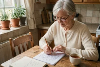 Femme âgée faisant des mots croisés à la main pour exercer sa mémoire au quotidien