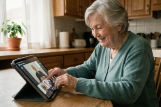 Une femme âgée apprend à utiliser une tablette pour faire un appel vidéo avec ses proches depuis sa cuisine